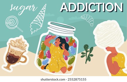 Sugar addiction composition with collage of doodle female character, trapped in a candy jar, cotton candy instead of hair,  vector hand drawn illustration.