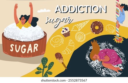 Sugar addiction composition with collage of female character, drowning in a pile of sugar, sucking his thumb in the fetal position, a metaphor for addiction, vector hand drawn illustration.