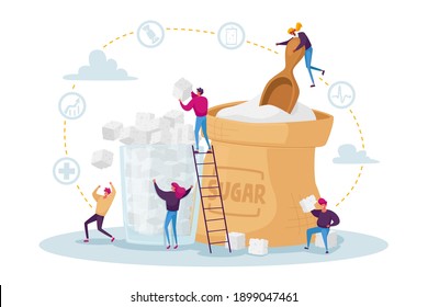 Sugar Addiction Concept. Tiny Male and Female Characters at Huge Sack and Glass of Cane Sugar. People Addict of Sweet Junk Food, Health Problem due to Overdose Glucose. Cartoon Vector Illustration