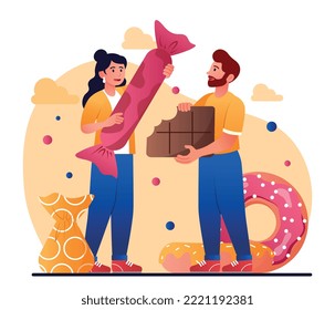 Sugar addiction concept. Woman stands with candy and man with bar of chocolate. Dessert and delicacy, sugar and gourmet. Sticker for social networks and messengers. Cartoon flat vector illustration