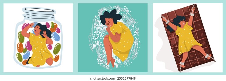 Sugar addiction flat isolated poster set with a woman trapped in a jar, chained to a chocolate bar, sucking her finger in a fetal position, craving desserts vector hand drawn illustration