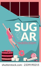 Sugar addiction flat vertical collage with woman chained to donut eager to get rid of eating disorder vector illustration