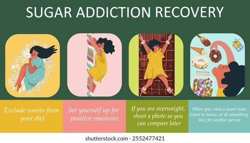 Sugar addiction hand drawn infographic illustration with icons of health problems doodle people characters and text captions vector art.