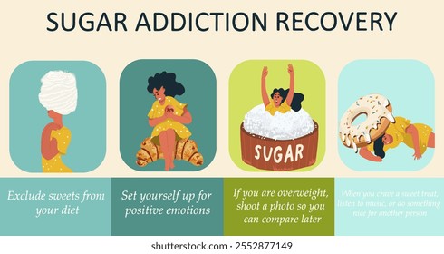 Sugar addiction hand drawn infographic illustration with icons of health problems doodle people characters and text captions vector art.