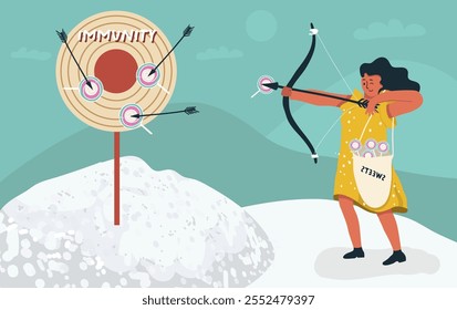 Daño a la salud de la adicción al azúcar, personaje femenino con arco y flecha, dispara a su inmunidad, ilustración dibujada a mano de Vector.