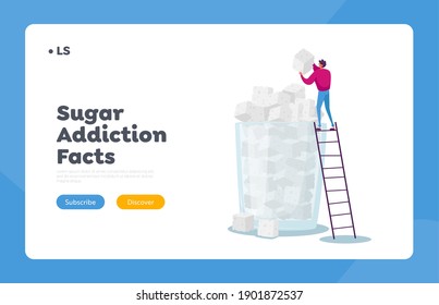 Adicción Al Azúcar, Sobredosis De Glucosa Comer Problemas Landing Plantilla De La Página De Inicio. Pequeño personaje masculino coloca el cubo de azúcar sobre una enorme tela en vidrio. Adicto masculino de la comida dulce basura. Ilustración del vector de dibujos animados