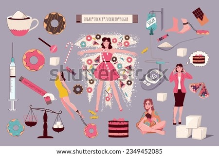 Sugar addiction set of addicted people and sweet things isolated on color background flat vector illustration