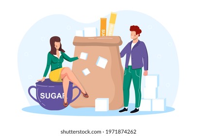 Sugar addiction therapist treatment. Talk with doctor psychologist about ways to beat sugar cravings. Flat abstract metaphor cartoon vector concept illustration online. Isolated on white background