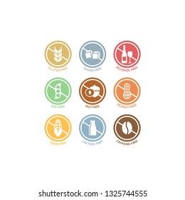 Sugar, alcohol, peanut free colorful circle label set. Food ingredients lactose, gluten free badge stamp set in color.