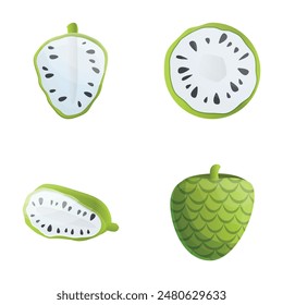Sugar apple icons set cartoon vector. Fresh custard apple. Exotic fruit, healthy nutrition