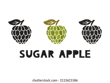 Sugar apple, silhouette icons set with lettering. Imitation of stamp, print with scuffs. Simple black shape and color vector illustration. Hand drawn isolated elements on white background