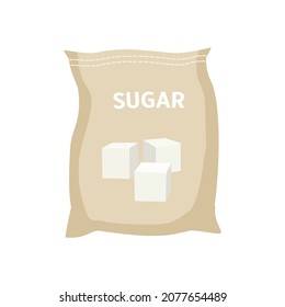 Sugar. Bag of sugar with an image of three white sugar cubes. Icon for website, app about products, treats, healthy and unhealthy food. Vector flat illustration, cartoon style.