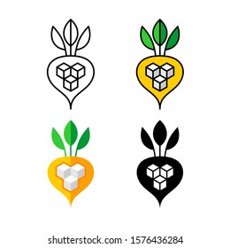 Logo de la remolacha azucarera. remolacha blanca y amarilla con el símbolo de tres cubos de azúcar. Icono de agricultura. Ancho de trazo ajustable.