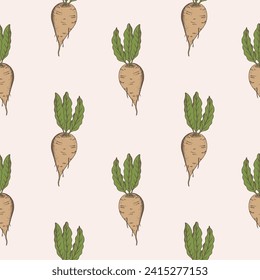 Sugar beet seamless pattern hand drawn vector illustration Repeating background with sweet root plants engraved vegetables for print, card, design, textile. Agriculture, food, beetroot harvesting