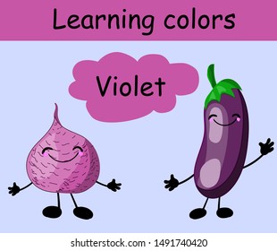 Sugar beets and eggplant. Learn colors. Purple. Vegetables. Cute character with hands and face. Card for teaching children
