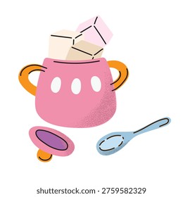 Sugar bowl with sugar cubes vector. Pink ceramic pot with refined sugar and spoon for kitchen cafe decor, sweet breakfast and tea time illustration.