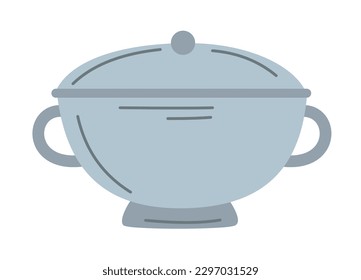 Sugar bowl or saucepan. Kitchenware element in doodle style. Silver plain item with lids and cooking handles. Dish, tableware, utensil concept. Cartoon flat vector illustration on white background