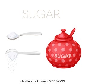Sugar bowl and spoon. Baking and cooking Ingredients. Pour. Cartoon vector. Drink tea. Organic food.  Kitchen utensils