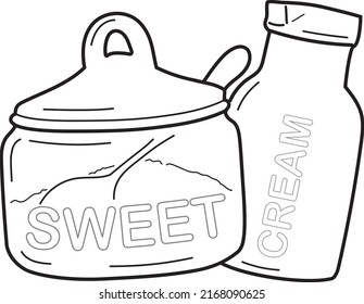 SUGAR BOWL WITH SPOON AND CREAMER OUTLINE STROKE DRAWING DOODLE ICON