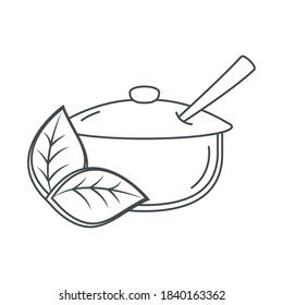 sugar bowl with spoon and leaves line icon style vector illustration