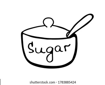 Sugar Bowl With Spoon And Sign Sugar. Hand Drawn Outline Element. Vector Isolated On White Background. 