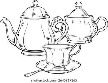 Sugar Bowl, Bule e Xícara de chá Vetor isolado Ilustração de Contorno para Design e Decoração para Cafeteria, Cartazes, Bandeiras, Cartões. 