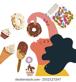 Sugar, candy, addiction concept. Unhealthy nutrition conception. Obese woman, girl who puts dishes in her mouth. Vector illustration hand drawn.