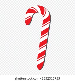 Sugar Candy Cane Christmas Icon on White Background. A simple vector illustration of a classic red and white candy cane, perfect for holiday themes and festive decoration