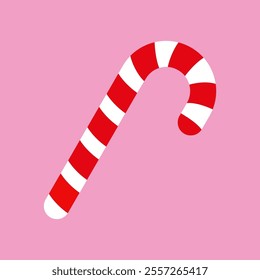 Sugar Candy Cane Christmas Icon on Pink Background. A simple vector illustration of a classic red and white candy cane, perfect for holiday themes and festive decoration