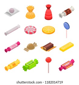 Sugar candy icon set. Isometric set of sugar candy vector icons for web design isolated on white background