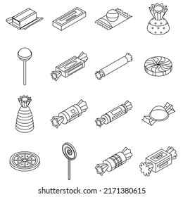 Sugar candy icon set. Isometric set of sugar candy vector icons outline isolated on white background