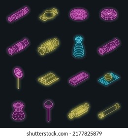 Sugar candy icon set. Isometric set of sugar candy vector icons neon on black