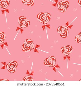 Sugar candy lollypop vector seamless pattern. Confectionery romantic treats surface design. Valentines day desserts background.