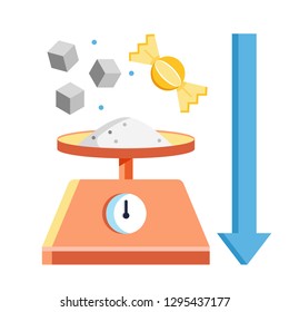 Sugar and candy on scales with arrow down vector illustration in flat color design