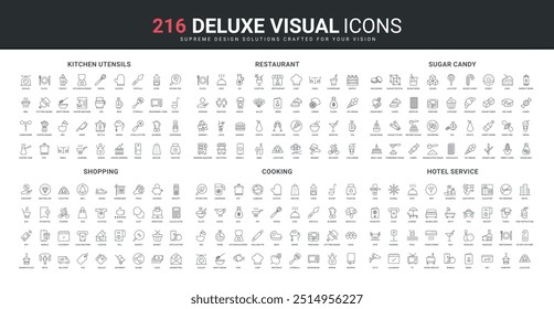 Sugar and candy products, restaurant menu for celebration and chefs cooking utensils line icon set. Hotel room service, shopping in store mobile app thin black outline symbols vector illustration