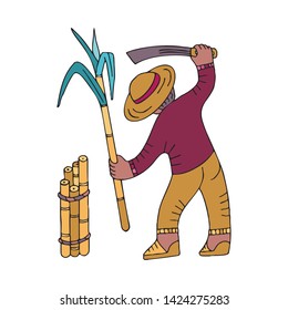 Sugar cane collector with machete in doodle style