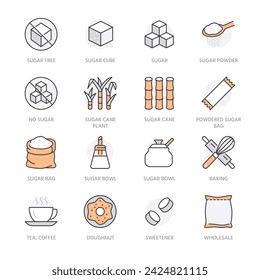 Sugar cane, cube flat line icons set. Sweetener, stevia, spoon, bakery products, rolling pin, whisk vector illustrations. Outline signs for sugarless food. Orange Color. Editable Stroke