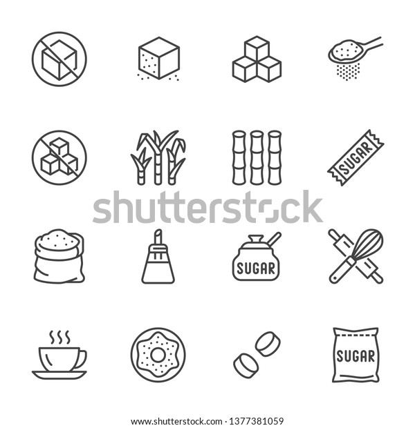 Sugar cane, cube flat\
line icons set. Sweetener, stevia, bakery products vector\
illustrations. Outline signs for sugarless food. Pixel perfect\
64x64. Editable Strokes.
