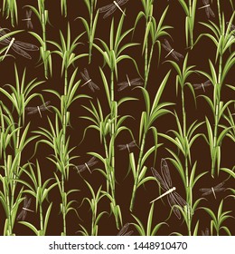 Sugar Cane and Dragonflies Vector Seamless Textile Pattern Design 
