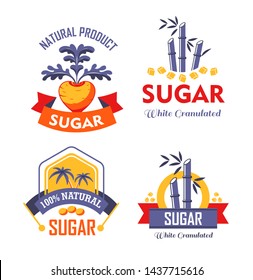 Sugar cane farming and agriculture palm and beetroot or bamboo isolated icons vector plantations natural food vegetable and plant emblems and logo sweetener additive supplement or condiment production