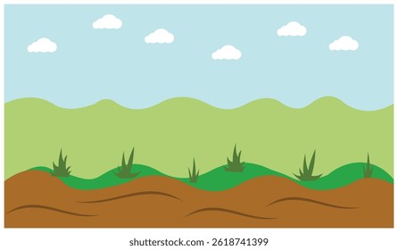 sugar cane field with blue sky. flat style illustration hills with fertile and beautiful fields. Design elements illustration of beautiful natural scenery