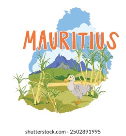 Sugar cane fields with famous Mount Pieter Bot on Mauritius island map background. Dodo bird endemic species of flightless extinct bird raphus cucullatus. Vector landmarks flat style.