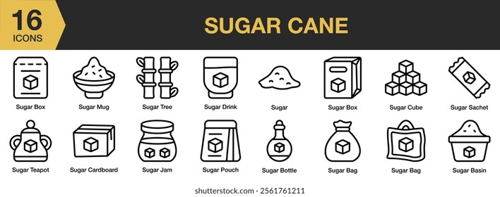 Sugar Cane icon set. Includes mug, box, cube, sachet, pouch, and More. Outline icons vector collection.