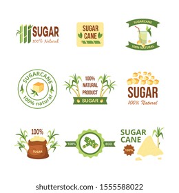 Sugar cane product label set, 100% natural sugarcane product badge with farm plant stalks, brown sacks and sweet drink, isolated agriculture icon collection vector illustration