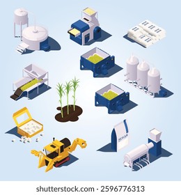 Sugar cane production isometric infographics with cane harvester sorting clarifier evaporator shredder sugar storage elements vector illustration