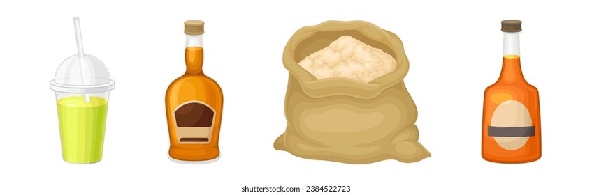 Sugar Cane Products with Rum Drink Bottle and Sack Vector Set