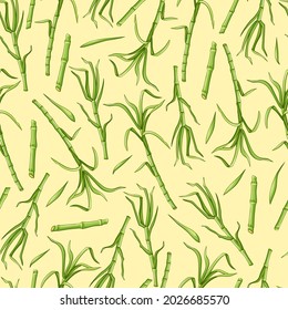 Sugar cane seamless pattern. Stems and leaves are an endless background. Vector illustration.