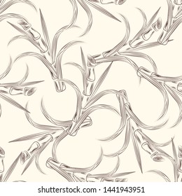 Sugar cane stalks with leaves seamless pattern. Sugar stalk cane seamless. Engraving style vector illustration