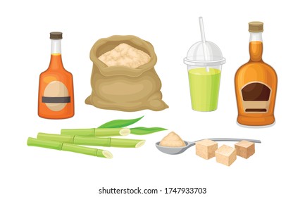 Sugar Cane Unbranched Stems with Leaves and Superfood like Brown Granulated Sugar Vector Set