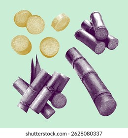 Sugar cane, sugar cane vector, sugar cane illustration; line drawing on light green background.